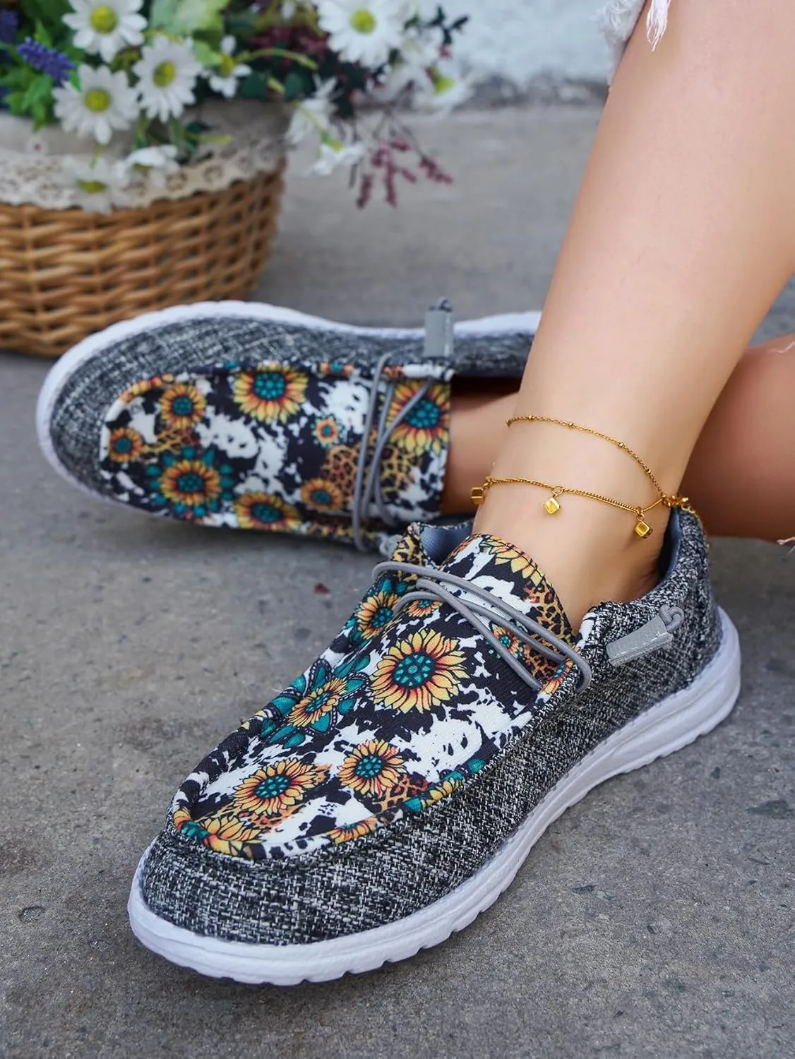 Women's Wendy Dudes Floral Sunflower Canvas Lace-Up Low Top Slip-On Loafers, Lightweight Casual Walking Shoes, Comfortable Flat Sneakers with Arch Support