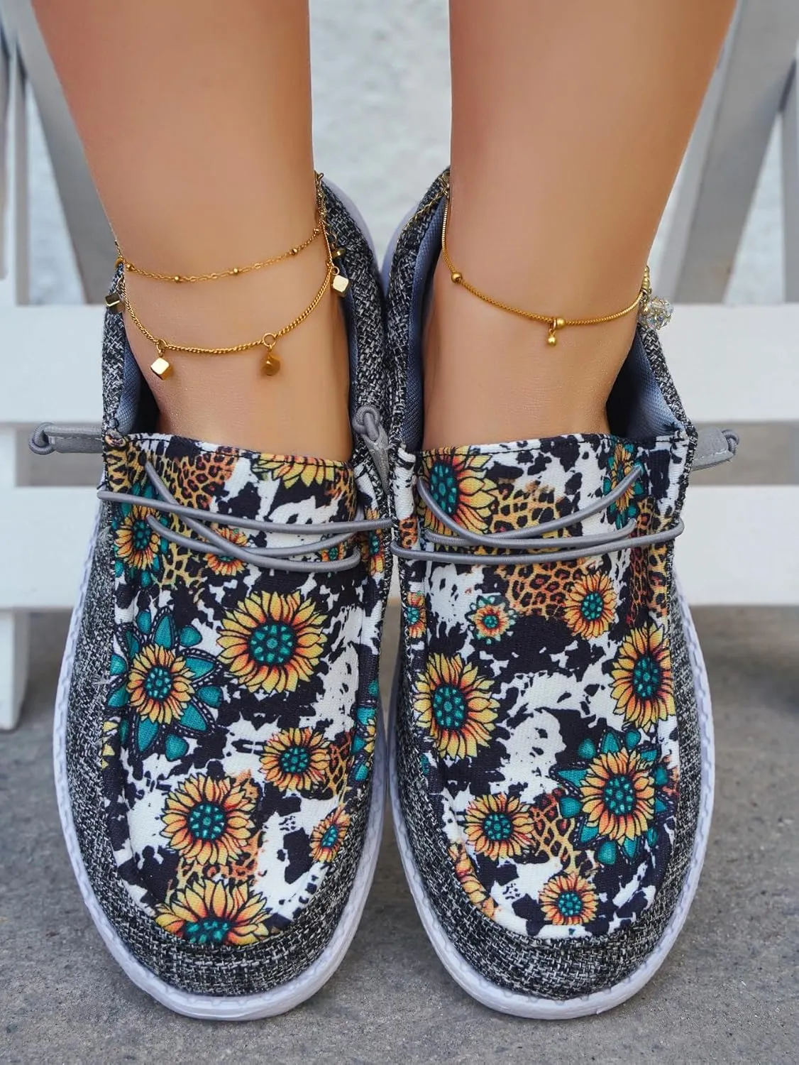 Women's Wendy Dudes Floral Sunflower Canvas Lace-Up Low Top Slip-On Loafers, Lightweight Casual Walking Shoes, Comfortable Flat Sneakers with Arch Support