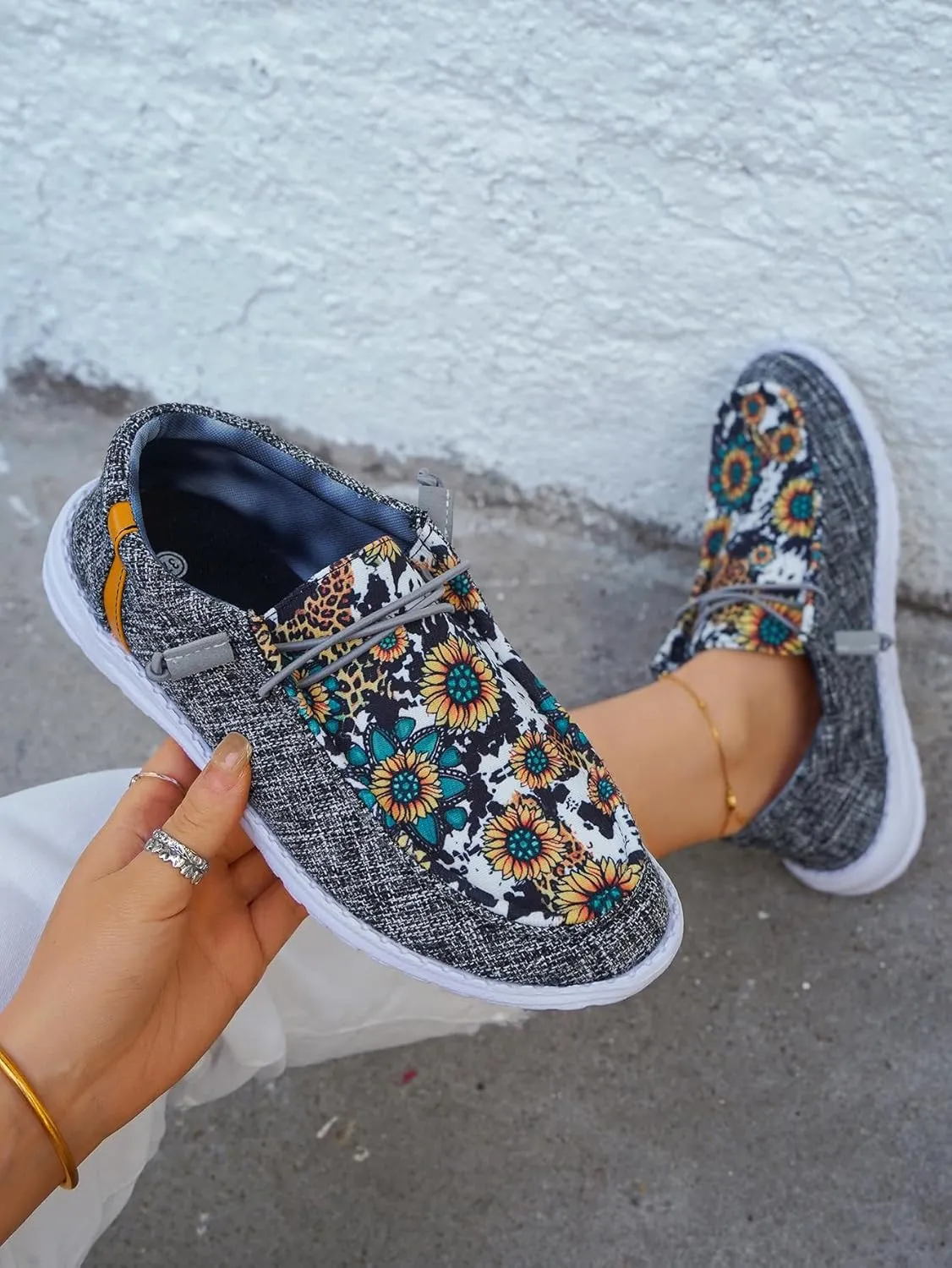 Women's Wendy Dudes Floral Sunflower Canvas Lace-Up Low Top Slip-On Loafers, Lightweight Casual Walking Shoes, Comfortable Flat Sneakers with Arch Support