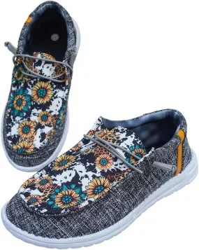 Women's Wendy Dudes Floral Sunflower Canvas Lace-Up Low Top Slip-On Loafers, Lightweight Casual Walking Shoes, Comfortable Flat Sneakers with Arch Support