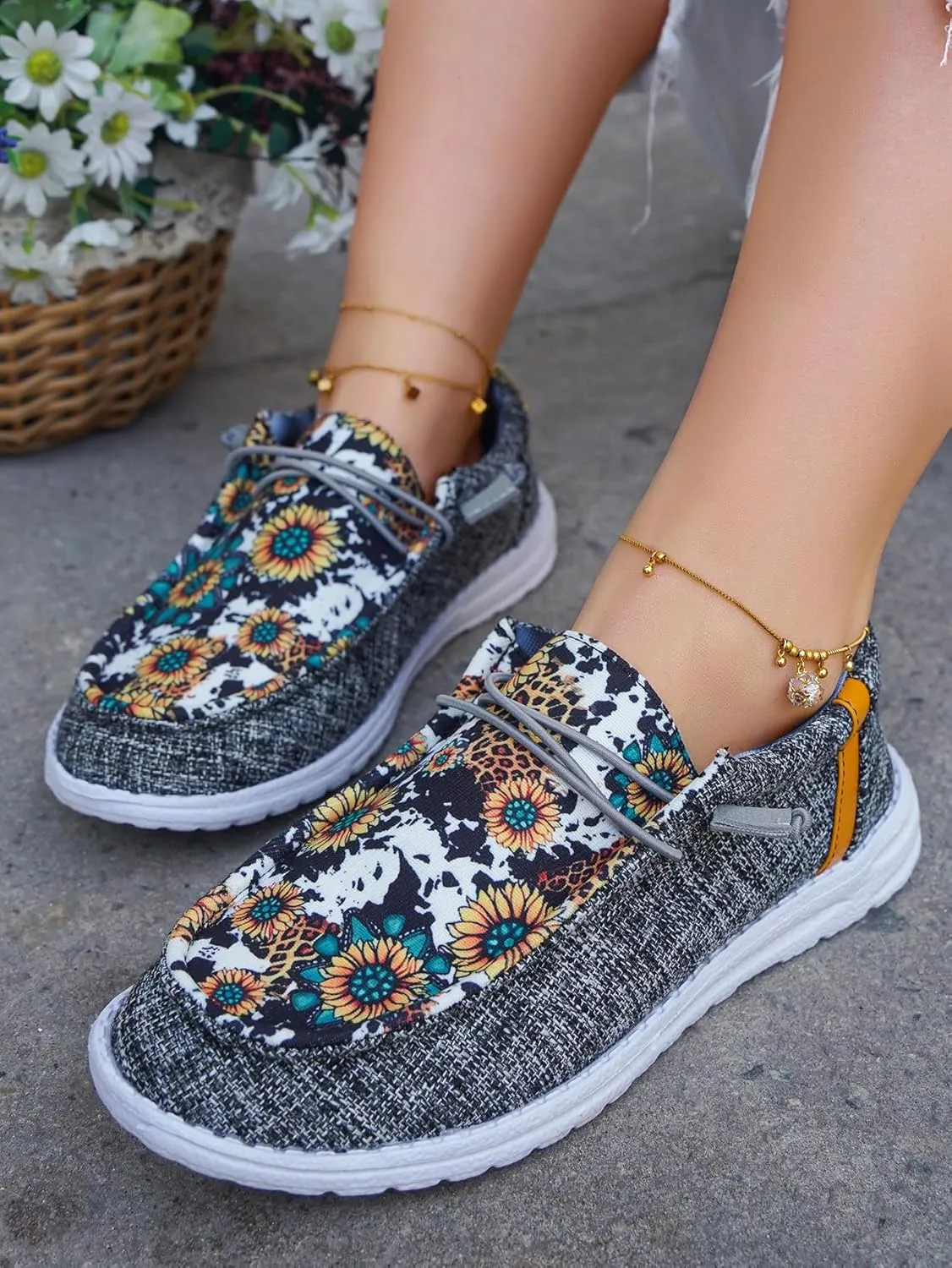 Women's Wendy Dudes Floral Sunflower Canvas Lace-Up Low Top Slip-On Loafers, Lightweight Casual Walking Shoes, Comfortable Flat Sneakers with Arch Support