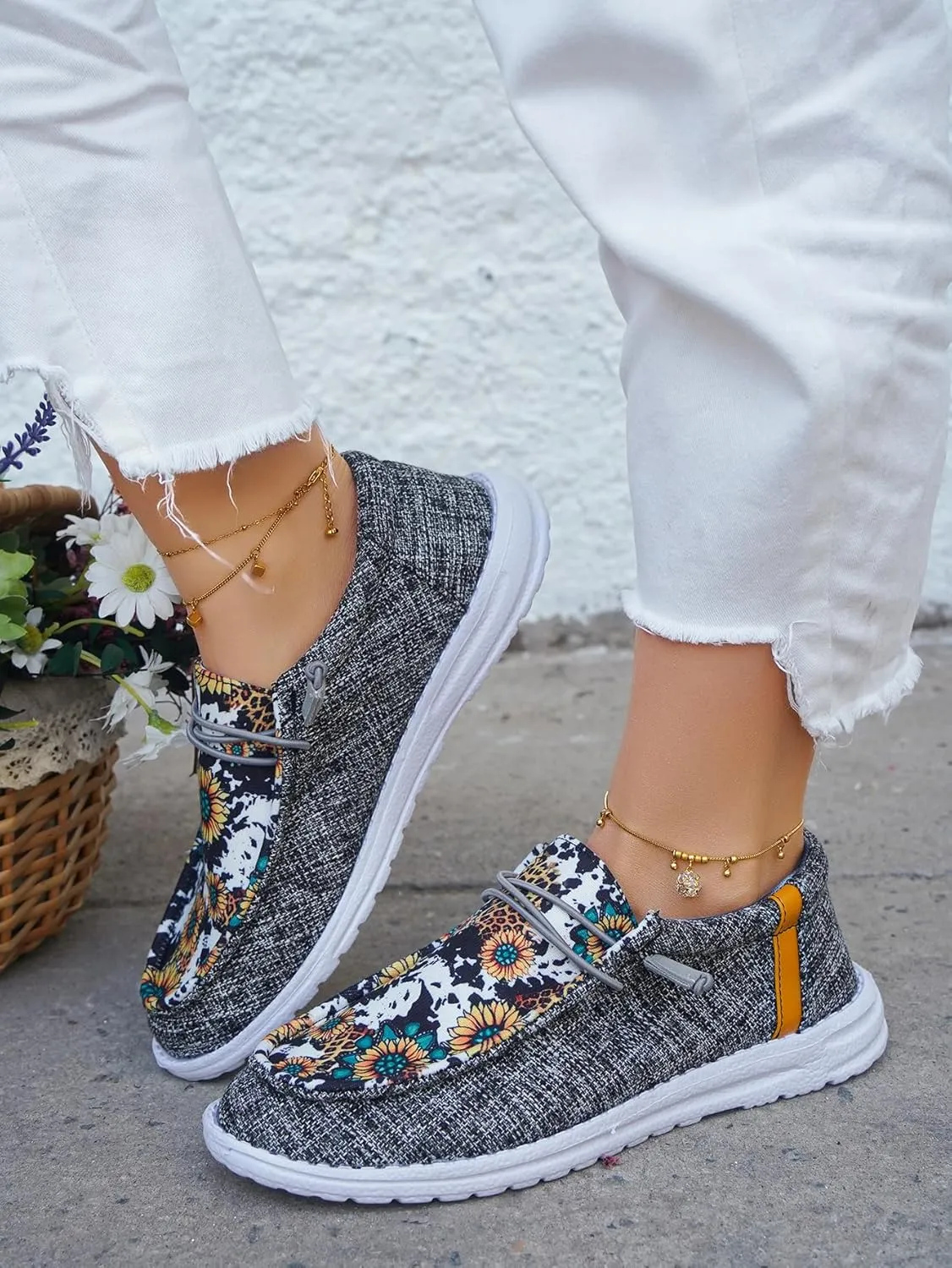 Women's Wendy Dudes Floral Sunflower Canvas Lace-Up Low Top Slip-On Loafers, Lightweight Casual Walking Shoes, Comfortable Flat Sneakers with Arch Support