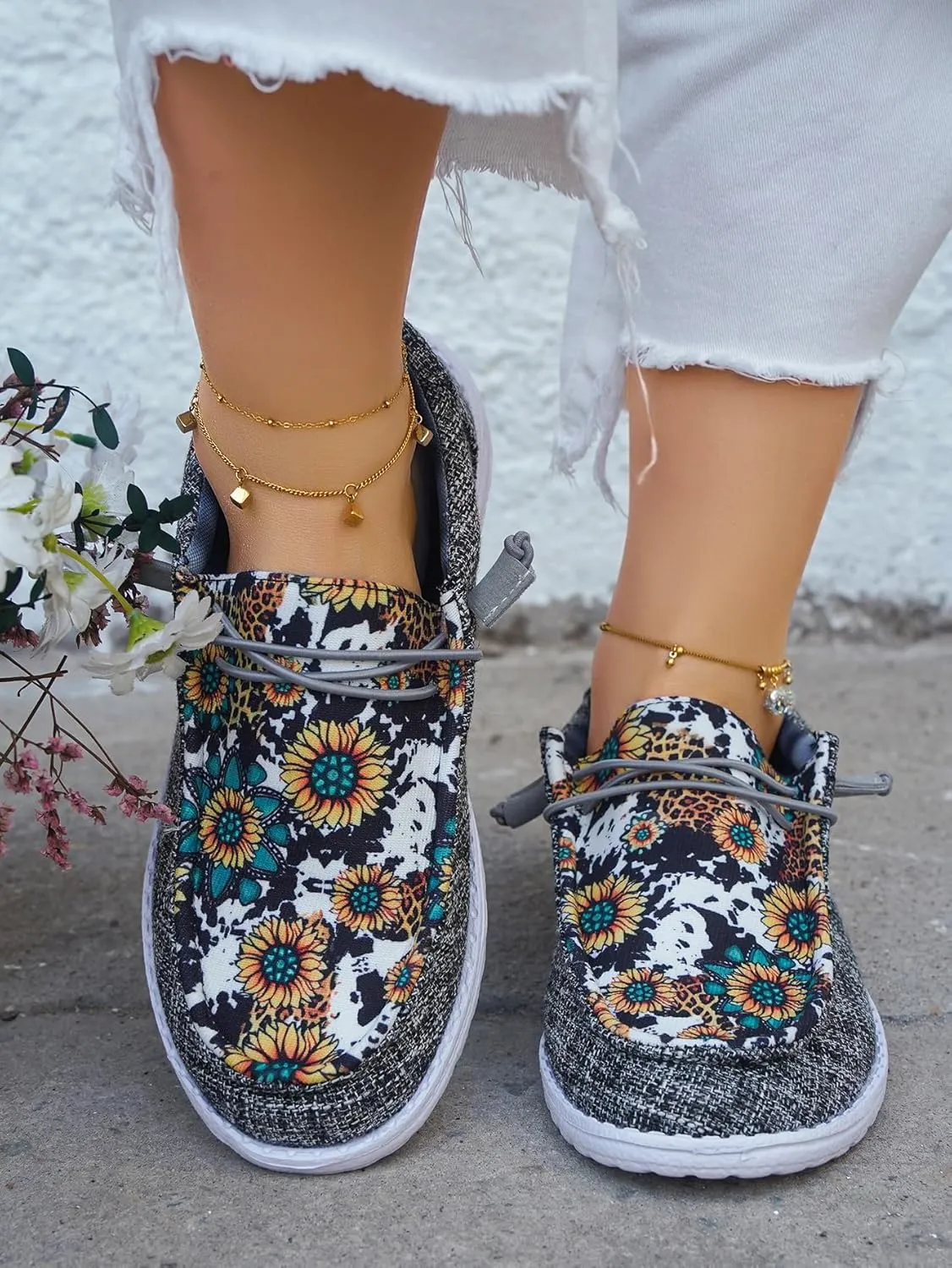 Women's Wendy Dudes Floral Sunflower Canvas Lace-Up Low Top Slip-On Loafers, Lightweight Casual Walking Shoes, Comfortable Flat Sneakers with Arch Support