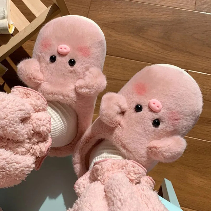 xiangtuibao Cute Pig Slippers Women Fluffy Furry Slippers Winter Plush Platform Slides Indoor Fuzzy Slippers Lovely Kawaii Shoes