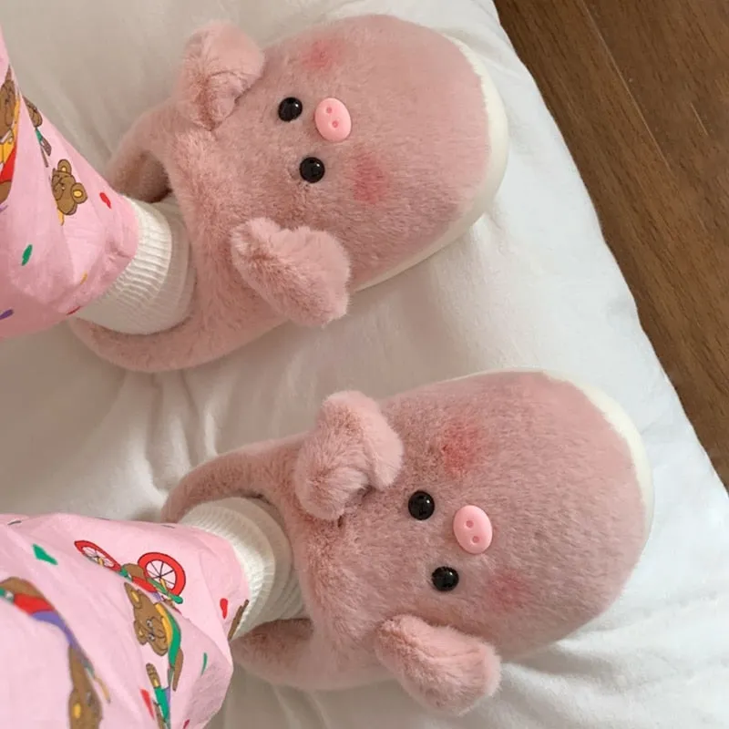 xiangtuibao Cute Pig Slippers Women Fluffy Furry Slippers Winter Plush Platform Slides Indoor Fuzzy Slippers Lovely Kawaii Shoes