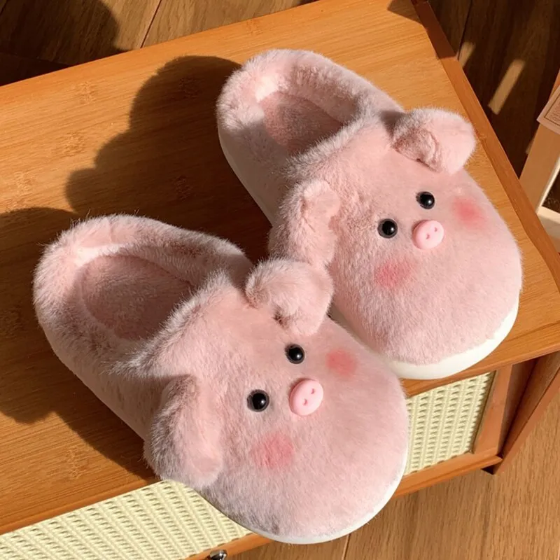 xiangtuibao Cute Pig Slippers Women Fluffy Furry Slippers Winter Plush Platform Slides Indoor Fuzzy Slippers Lovely Kawaii Shoes