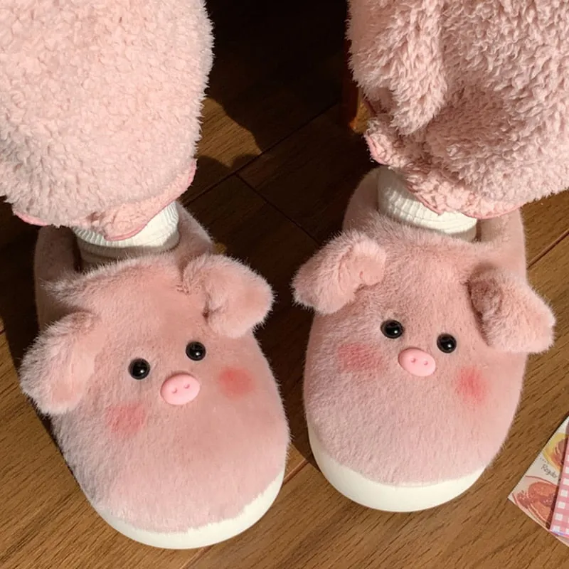 xiangtuibao Cute Pig Slippers Women Fluffy Furry Slippers Winter Plush Platform Slides Indoor Fuzzy Slippers Lovely Kawaii Shoes
