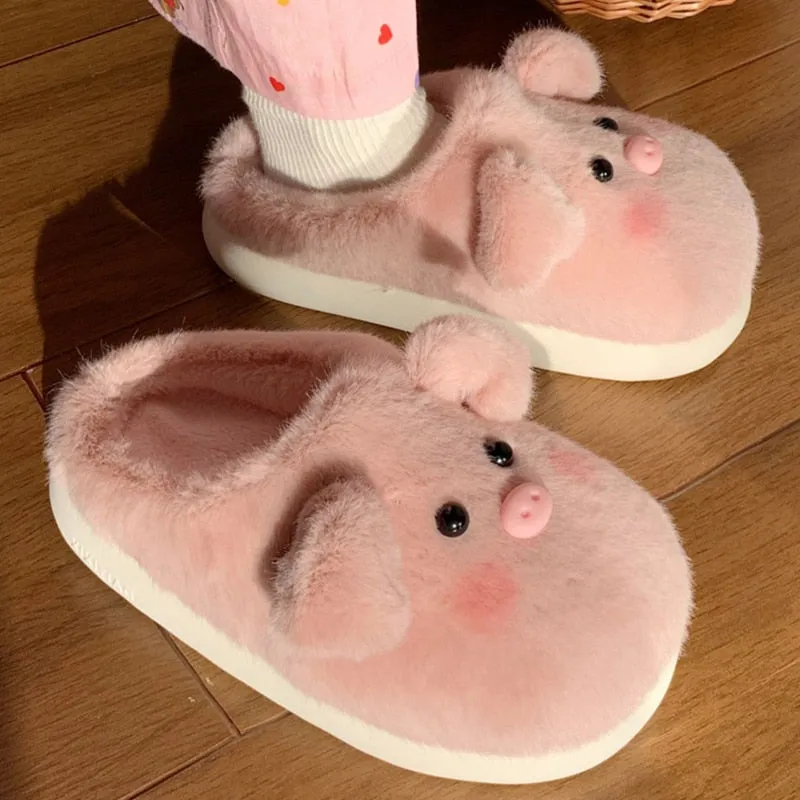 xiangtuibao Cute Pig Slippers Women Fluffy Furry Slippers Winter Plush Platform Slides Indoor Fuzzy Slippers Lovely Kawaii Shoes