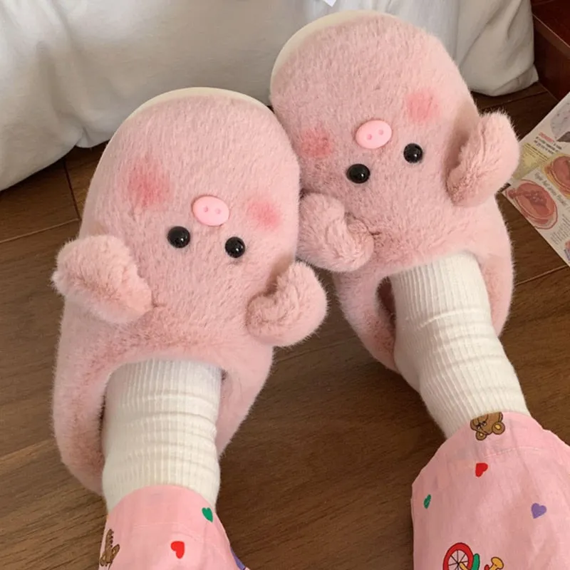 xiangtuibao Cute Pig Slippers Women Fluffy Furry Slippers Winter Plush Platform Slides Indoor Fuzzy Slippers Lovely Kawaii Shoes